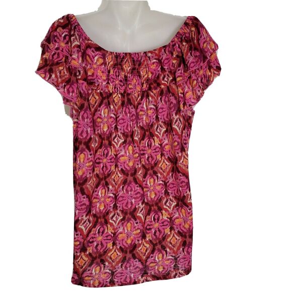 Notations Top Womens Large Floral Pink Orange Pullover Square Neck Short Flutter - Picture 2 of 10